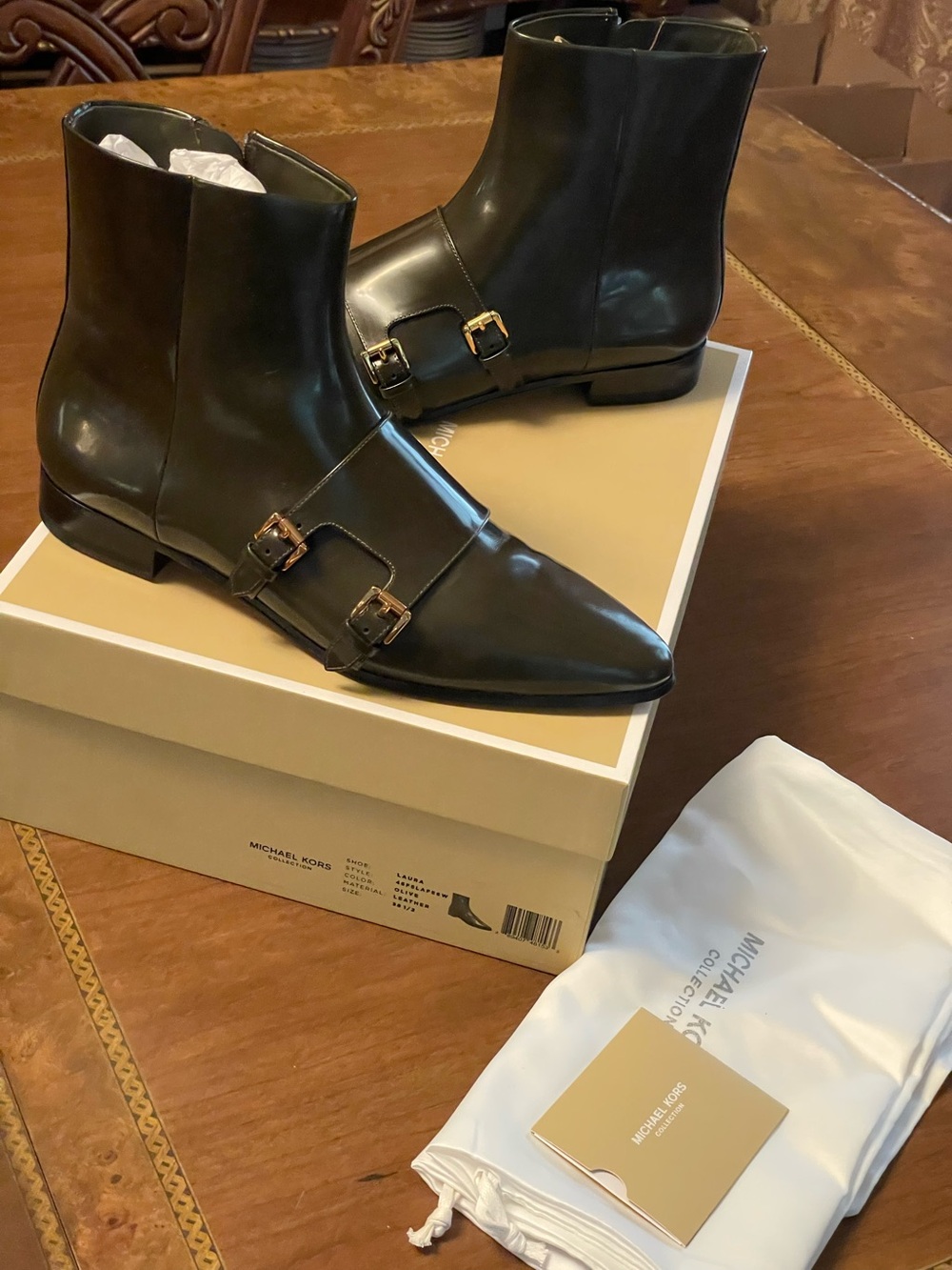Michael Kors collection women olive Leather high end Monk Laura ankle Boots